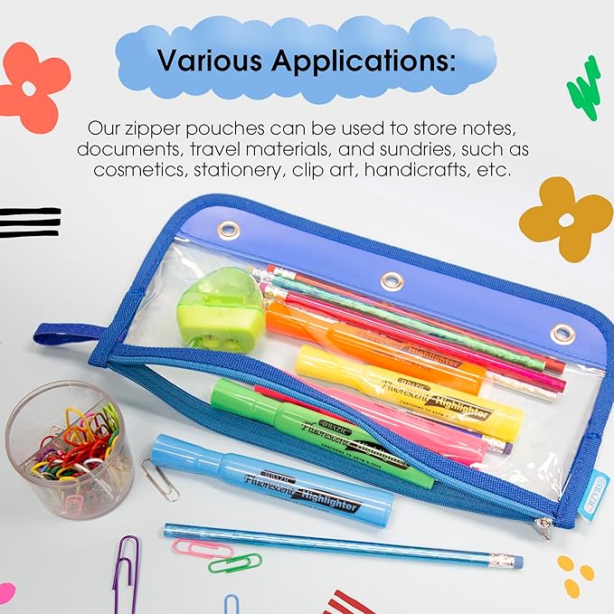 BAZIC Pencil Pouch 3 Ring Binder Pouch w/Rivet Enforced Rings Holes, 11.5"x6.5" Clear Color, Zipper Pouches Case Cosmetic Bag, 6-Pack