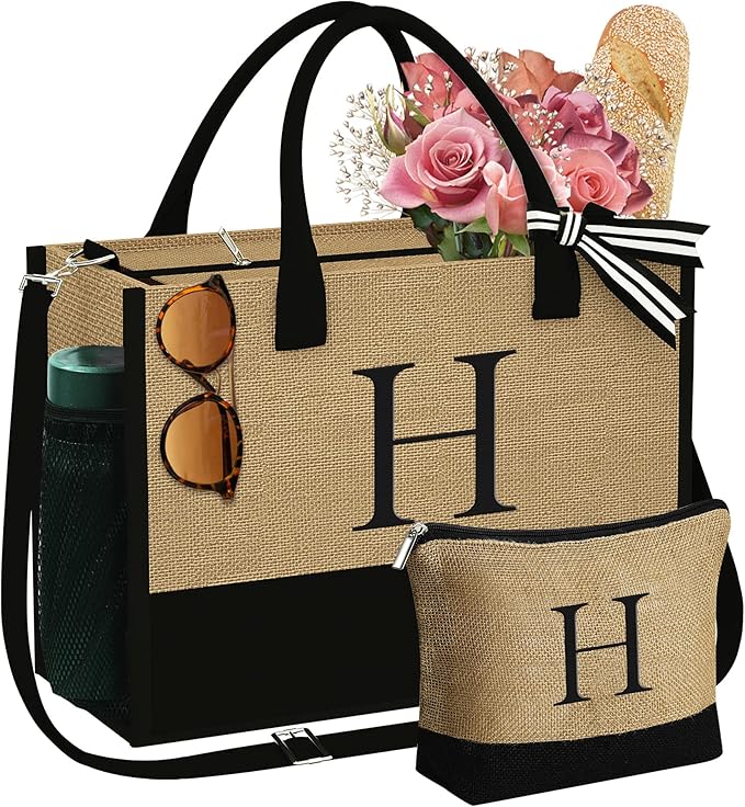 YOOLIFE Christmas Gifts for Women - Initial Jute Tote Bag & Makeup Bag, Birthday Gifts for Women Her Mom Teacher Friend
