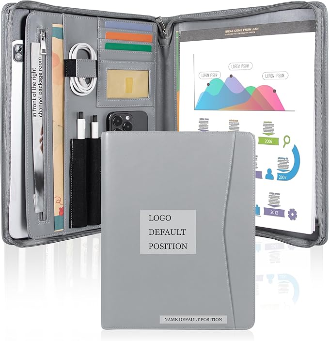 Personalized Leather Portfolio with Zipper, Professional Business Padfolio with A4/US Letter Writing Pad holder For Interview, Resume folder for Men and Women, Gray