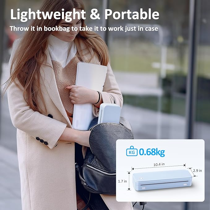 Inkless Portable Printer for Travel, Wireless Thermal Printer Supports 8.5" x 11" US Letter Size, Bluetooth Machine Includes Carry Case and 3 Rolls of Thermal Paper Kit, Blue
