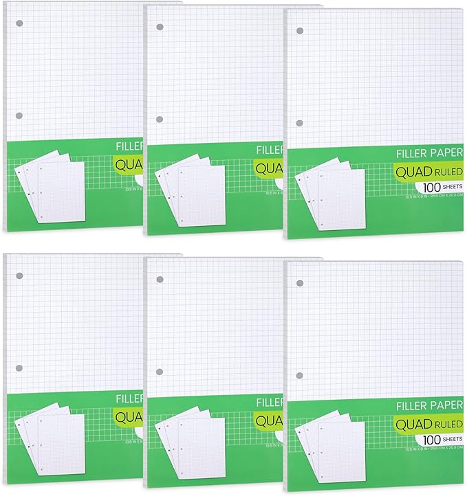 Graph Paper, Filler Paper Loose leaf Graph Paper - 8” x 10.5" - Graph Ruled, 4x4 Quad Ruled Notebook Paper, 3 Hole Punched Loose leaf Papers for 3 Ring Binders - 100 Sheets per Pack (6 Pack)