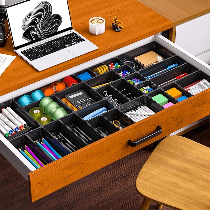 Utility Drawer Organizer Set of 13,With Non-Slip Silicone Pads, 5 Size Small Bins for Organization for Bathroom、Vanity、Nightstan、Kitchen、Office Desk Black Plastic Organizing Containers for Drawers