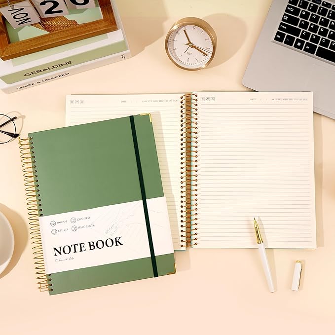 FLYING EAGLE Large Spiral Notebooks for Work School College Ruled Notebook 8.5 x 11 with Tab Stickers A4 Hardcover Journal Note Book for Women Men Writing Note Taking Supplies, 220 Pages, Green