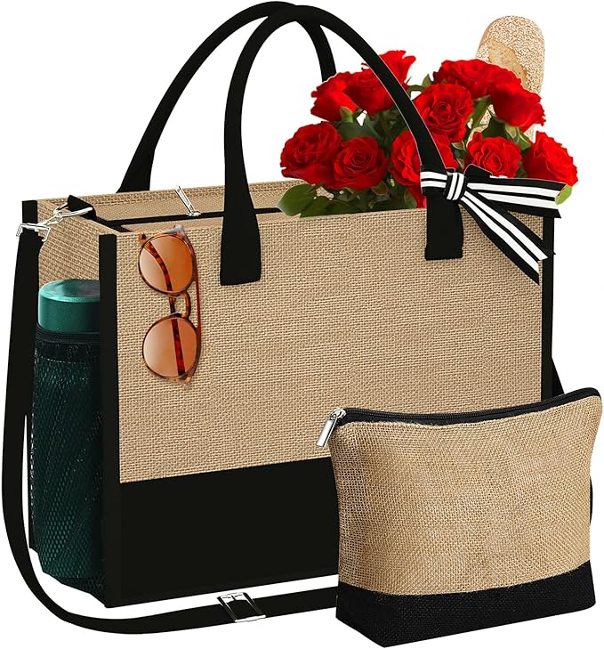 YOOLIFE Christmas Gifts for Women - Initial Tote Bag & Makeup Bag, Birthday Gifts for Women Mom Teacher Friend Christmas Gift