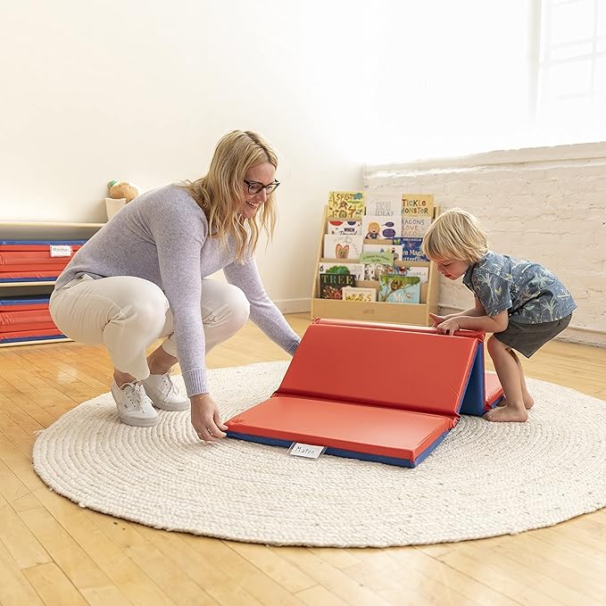 ECR4Kids Premium Folding Rest Mat, 4-Section, 2in, Sleeping Pad, Blue/Red, 5-Pack