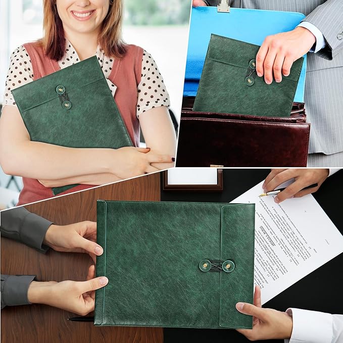 Bright Green A4 PU Leather File Folders for Documents,Important Private File Organizer with String Tie Closure,Laptop Sleeve Notebook Case,Leather Portfolio Binder Envelopes, Filing Folder 1PC