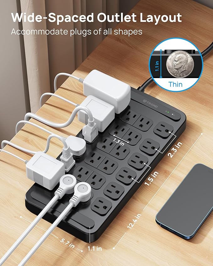 TROND Surge Protector Power Strip 360° Rotating Flat Plug, 24 AC Outlets, 4000 Joules, 10ft Heavy Duty Extension Cord 1875W, ETL Listed, Ideal for Gaming Office Home Dorm Room Essentials Black