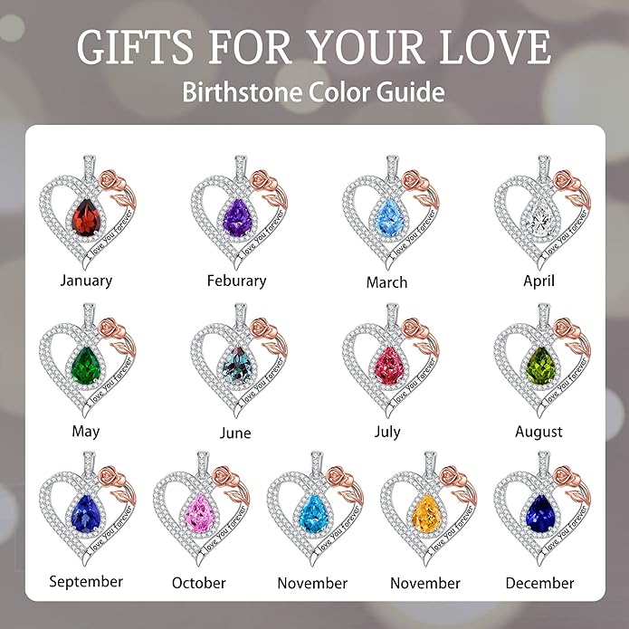 Hidepoo Christmas Gifts for Women Mom Wife - Sterling Silver Rose Heart Birthstone Necklace I Love You Forever Heart Pendant Teardrop Necklace Jewelry Anniversary Valentines Christmas Birthday Gifts