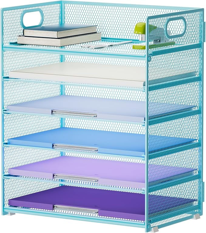 Marbrasse 6 Tier Paper Organizer Letter Tray - Mesh Desk File Organizer with Handle, Paper Sorter Organizer for Letter/A4 Office File Folder Holder -Blue