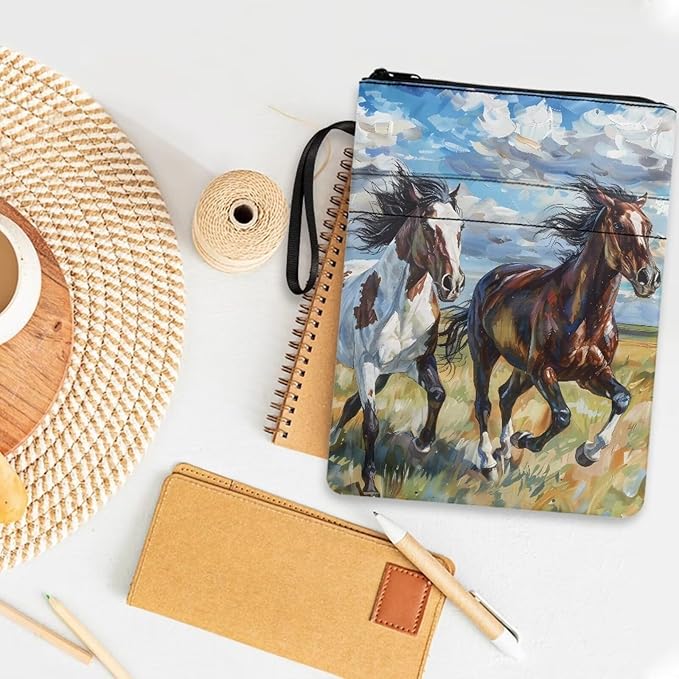 COEQINE Art Horse Book Cover with Zipper Portable Book Sleeves Book Lovers Gifts Book Cover with Pen Holder Washable Book Sleeve Book Cover Book Protector Horse