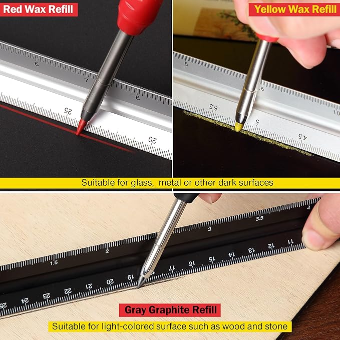 Hiboom 3 Pack Solid Carpenter Pencil with 21 Refill, Long Nosed Deep Hole Mechanical Pencil Marker with Built in Sharpener for Carpenter, Design Patent