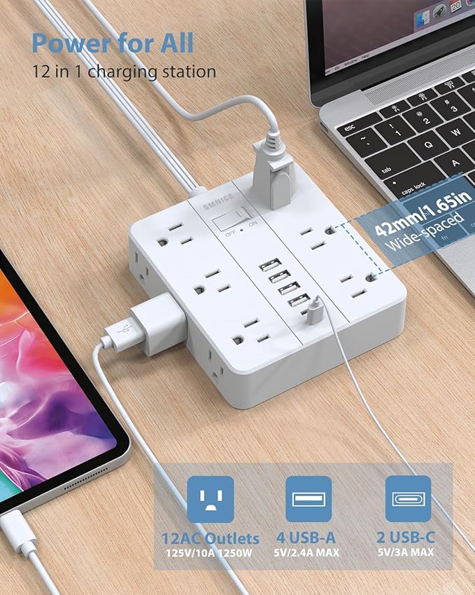 Power Strip Surge Protector 10ft Extension Cord,SMNICE Flat Plug with 12 Outlets 6 USB(2 USB C),Surge Protector Charging Station with Overload Protection for Home, Dorm,Office