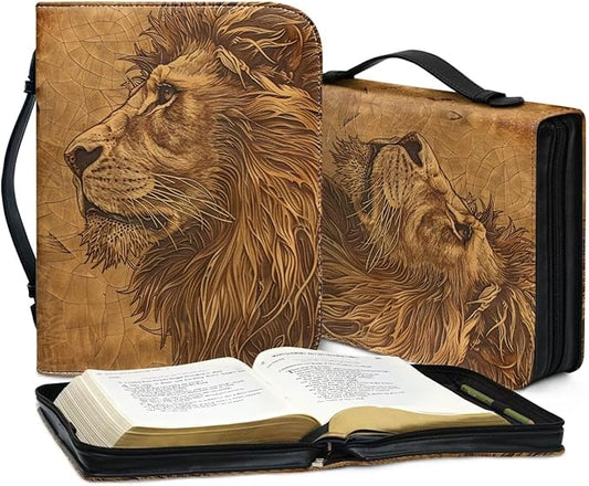 Lotusorchid Lion Print Bible Bag for Men, PU Leather Bible Cover Sturdy Bible Book Carrying Bags Christian Bible Study Accessories for Bible Study, Brown, 2XL