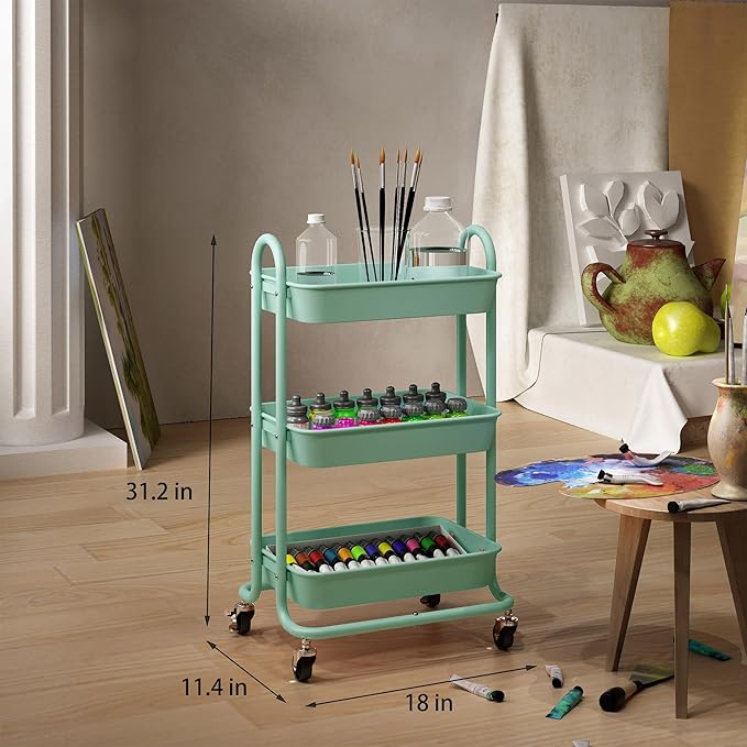 3-Tier Green Utility Rolling Cart,Kitchen Storage Carts with Wheels,Green Metal Rolling Cart for Office,Home,Kitchen,Garden（18"x11.4"x31.2"）