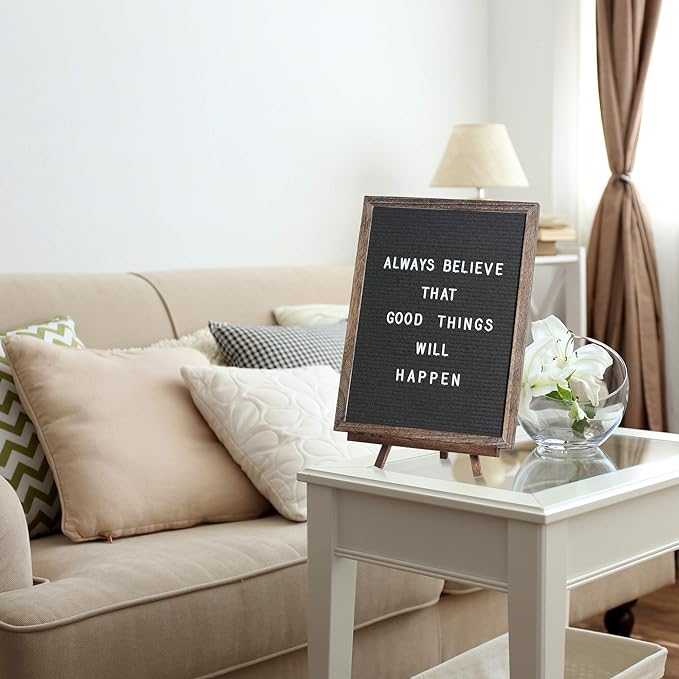 Felt Letter Board with Rustic Vintage Frame and Stand 12x16 inch, Dark Grey Changeable Letter and Message Board Includes 792 Letters, Numbers and Symbols, Hook to Hang, 2 Canvas Bags