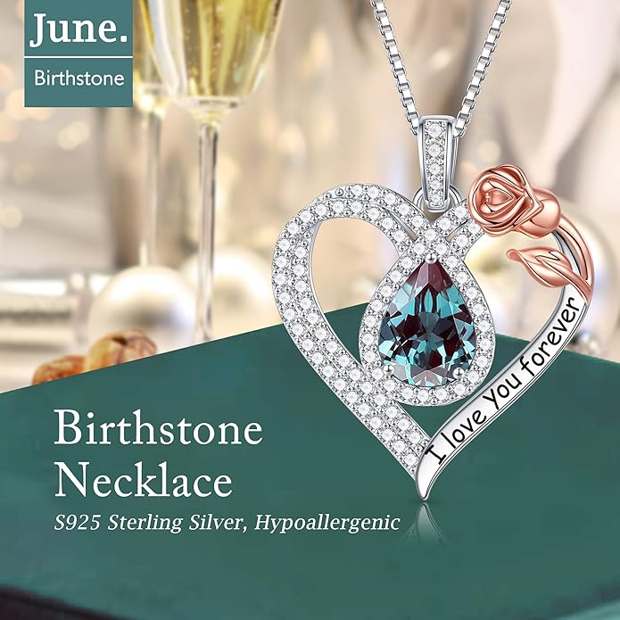 Hidepoo Christmas Gifts for Women Mom Wife - Sterling Silver Rose Heart Birthstone Necklace I Love You Forever Heart Pendant Teardrop Necklace Jewelry Anniversary Valentines Christmas Birthday Gifts