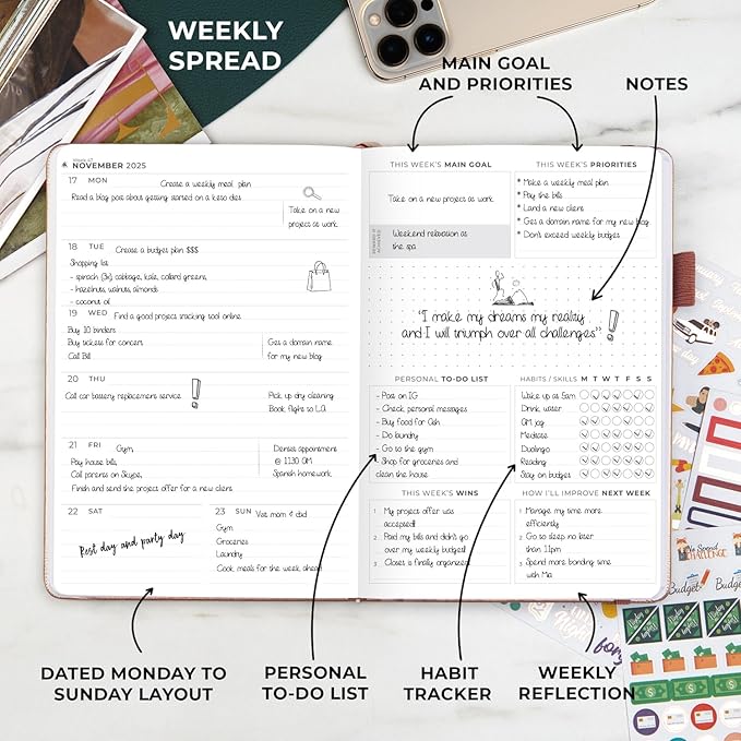 Clever Fox Dated Planner Premium Edition – 2025-2026 Weekly Planner for Planning, Goal Setting & Time Management – Planner Notebook with Habit Tracker & to-do List – A5 Size (Rose Gold)