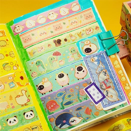 Cute Pets Washi Tape Set 13 Rolls Wide Gold Embellishment Decorative Masking Tapes for Arts, DIY Crafts, Journals, Planners, Scrapbook, Wrapping (Animal Kindergarten), 10/15/20/25mm