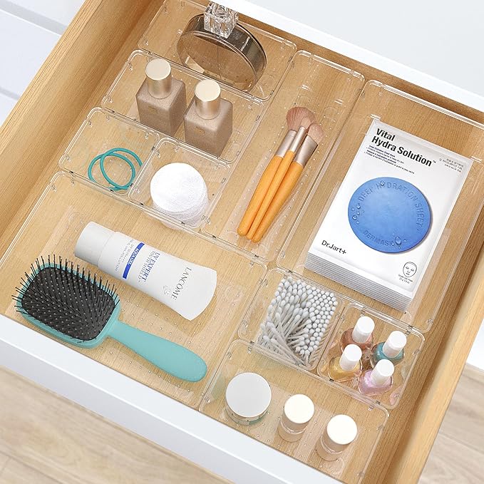 33 PCS Clear Plastic Drawer Organizers Set, 4 Size Desk Drawer Organizer Trays for Makeup, Jewelry, Kitchen Utensils, Gadgets and Office Accessories