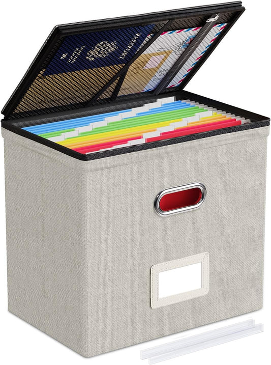 Oterri File Organizer Boxes with Lids, File Box with Mesh Pockets, Document Organizer Box for Letter Size Folders, Zippers Important Document Organizer (Beige, Small-1 Pack Without Folders)