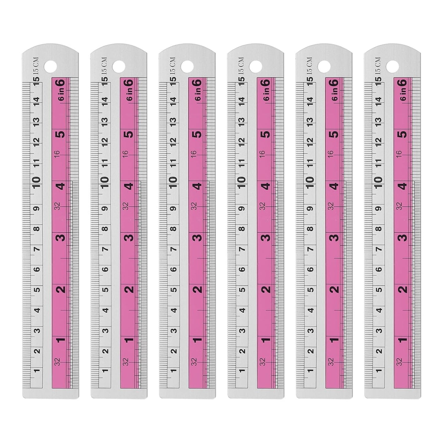 HARFINGTON 6pcs Metal Straight Ruler 15cm Metric SAE Aluminum Alloy Measuring Rulers Scale Tools with Hole for Measure Study Reading Classroom Office, Pink