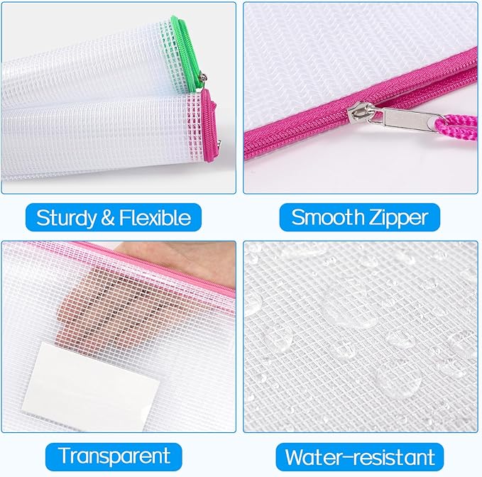 Sooez 32 Pack Mesh Zipper Pouch Bags, A4 Letter Size, Zipper Bags with Label Pocket, Waterproof Zipper Pouches for Classroom Organization, Board Game Storage, Document Bag for Office School Supplies