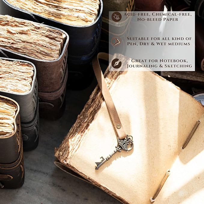LEATHER VILLAGE Vintage Leather Journal – 200 Handmade Vintage Deckle Edge Paper – Leather bound Journal For Women Men – Vintage Key Closure - Book of Shadows - Black - 8X6 inches (A5)