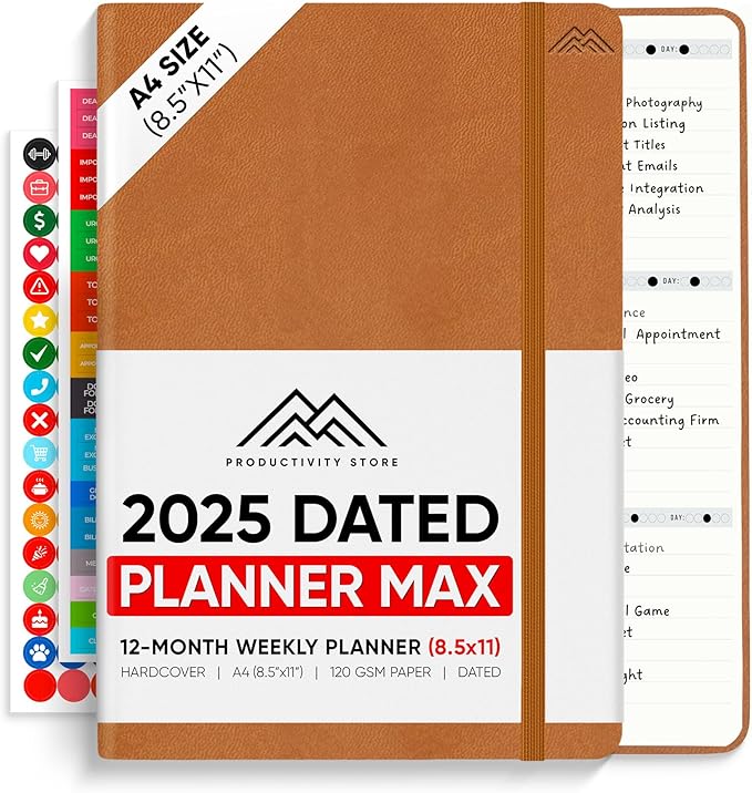 PRODUCTIVITY STORE Pro Max - Dated, 2025 Planner, 8.5" x 11" - The #1 Productivity Planner to Achieve Your 2025 Goals - Planner 2025-2026 - Brown - A4