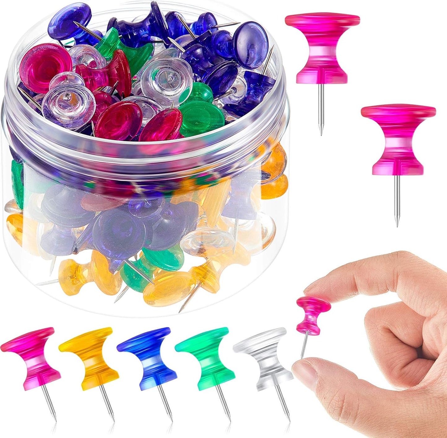 Outus 100 Pcs Giant Push Pins Large Thumb Tacks Plastic Heads 1 Inch Jumbo Push Pins for Cork Board Map Posters Office School(Red, Yellow, Blue, Green, Clear)