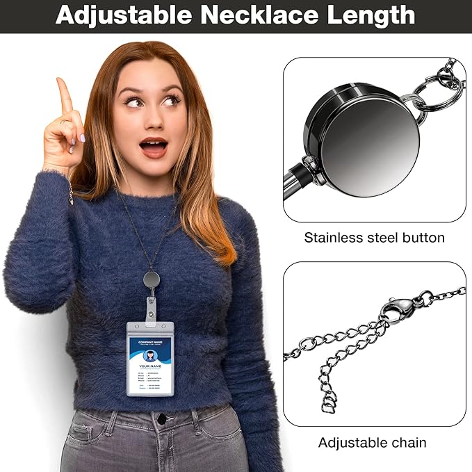 Outus 2 Pieces Badge Lanyard with ID Holders Stainless Steel Badge Holders Necklace Retractable Reel Clip Chain Water Resistant Name(Gray, Silver)