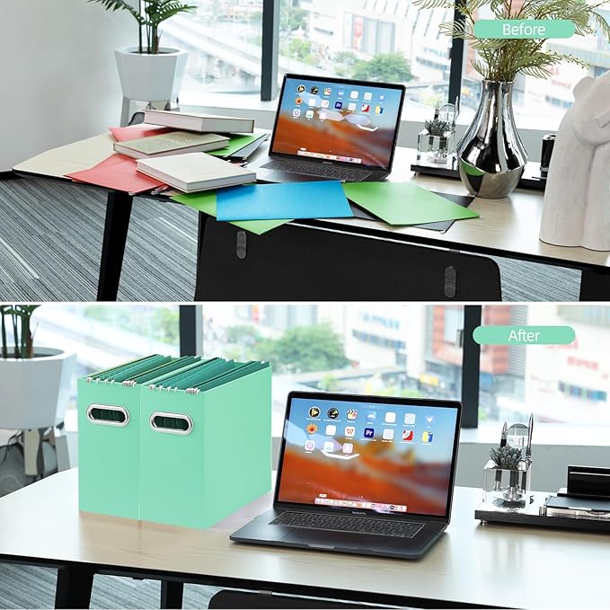 Oterri File Organizer, Small Storage Box, Cardboard File Folder Organizer, Collapsible File Box, Hanging File Organizer for Letter Size, Portable File Box with Handle, Only Box (Mint Green,6 Packs)