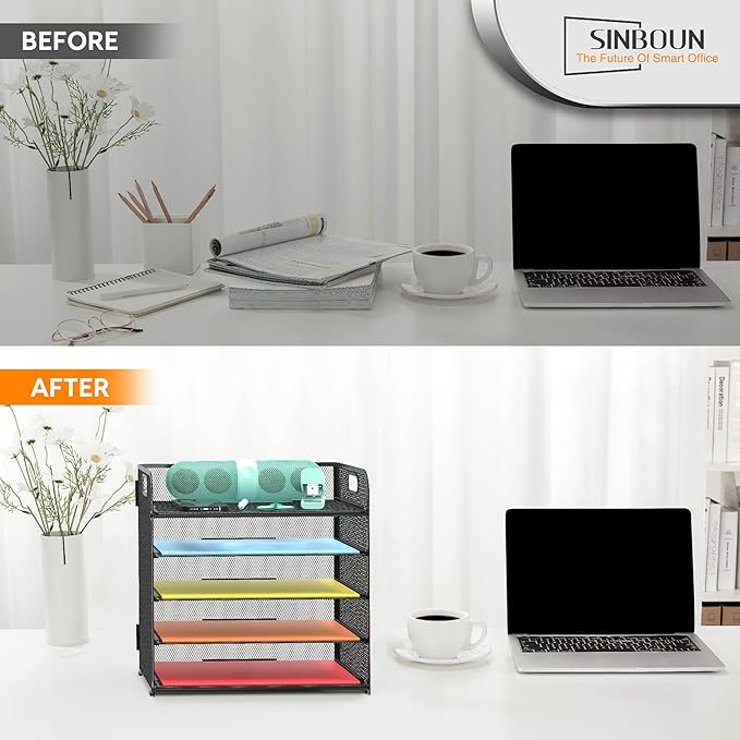 2 Pack Letter Tray Paper Organizer 5-Tier Desk Organizer File Organizer Paper Holder with Handle, Metal Desktop Document Shelf Tray Office Classroom Organization - Black