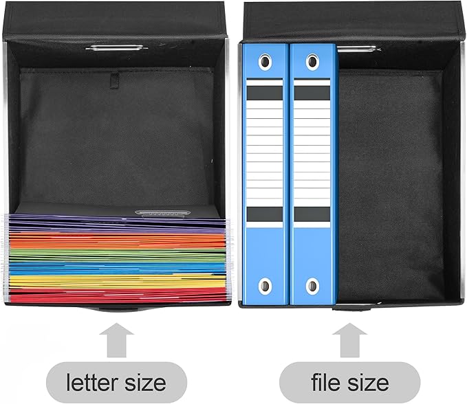 File Organizer Box with Lid for Hanging Folders, Collapsible Storage File Box with Plastic Slide, Portable Document Organizer for Office Home School Desktop Use, Black and White Lattice