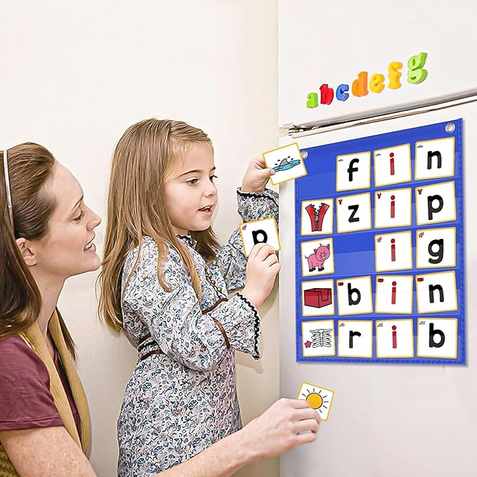 ABCxGOOD CVC Word Building Pocket Charts with 64 Phonics Flash Cards Kindergarten Classroom Must Haves, CVC Literacy Games for Beginners in Reading and Spelling.