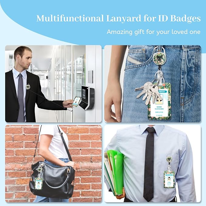 Lanyards for Id Badges, Cat Flower Floral Badge Holder with Retractable Reel Clip, Cute Work Name Tags Keychain Lanyard ID Card Protector Cover Case for Women Teacher Nurse Doctor Office