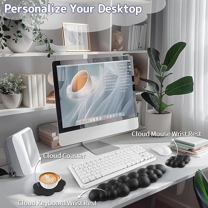 Cloud Wrist Rest Keyboard, Cloud Palm Rest Set with PU Leather Memory Foam, Cute Keyboard Rest for Wrist Support and Arm Rest, Desk Cloud Wrist Pad for PC/Gaming/Hand Cushion/Computer-Black