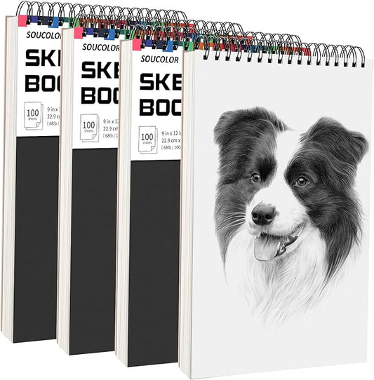Soucolor 9" x 12" Sketch Book, 4-Pack 100 Sheets Spiral Bound Art Sketchbook, Acid Free (68lb/100gsm) Artist Drawing Book Paper Painting Sketching Pad