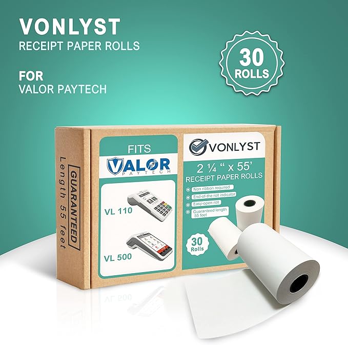 Receipt Paper Roll for Valor Paytech VL 110 and VL 500 Credit Card Machine (30 Rolls)