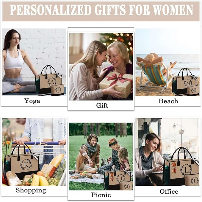 YOOLIFE Christmas Gifts for Women - Initial Tote Bag & Makeup Bag, Birthday Gifts for Women Mom Teacher Friend Christmas Gift