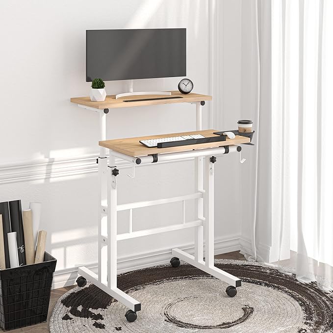 Klvied Stand Up Desk on Wheels, Portable Computer Desk for Home Office,Rolling Desk for Laptop with Removable Cup Holder, Adjustable Laptop Cart for Standing or Sitting,Khaki