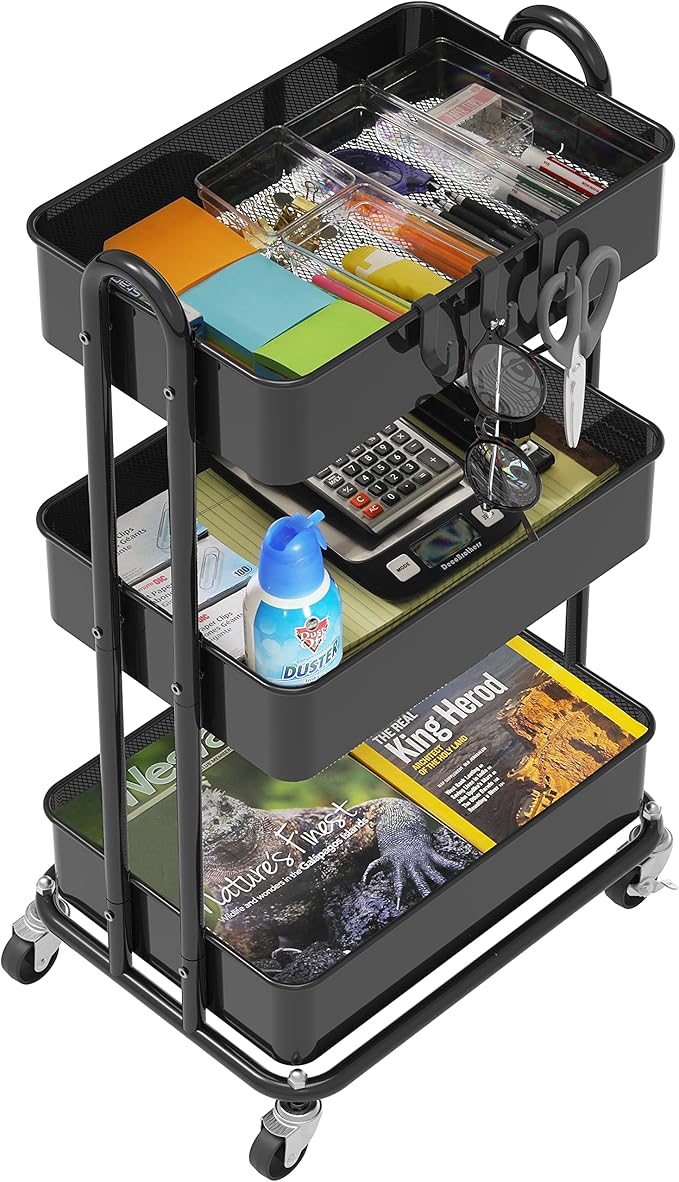 Simple Houseware Heavy Duty 3-Tier Metal Utility Rolling Cart, Black