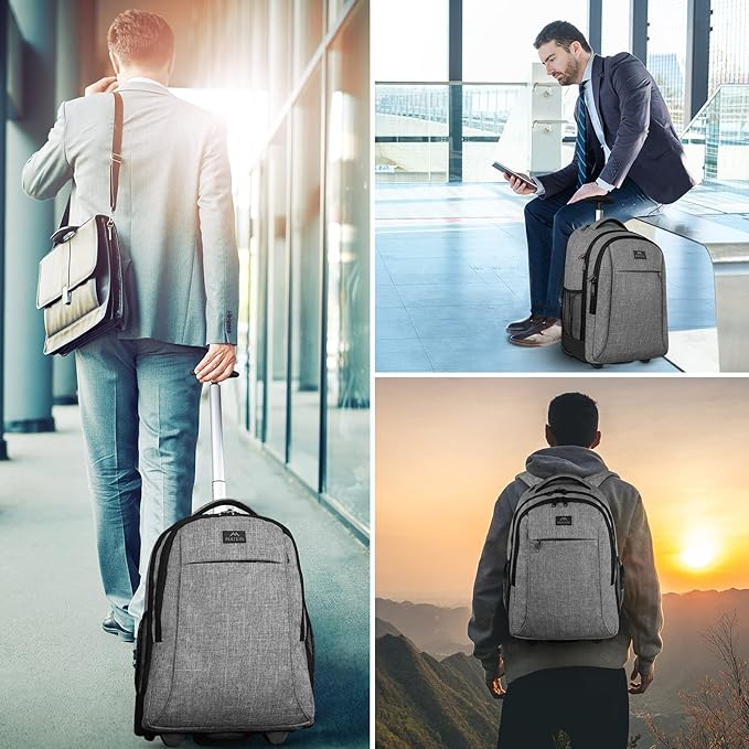 MATEIN Rolling Backpack with Wheels, Water Resistant Travel Laptop Backpacks for Women Men, Large College Wheeled Backpack for Adult, 17 Inch Roller Computer Bag, Carry On Luggage for Airplanes, Grey