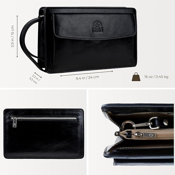 Time Resistance Leather Clutch for Men Organizer Wrist Bag Briefcase Handmade in Italy Gift Box Included