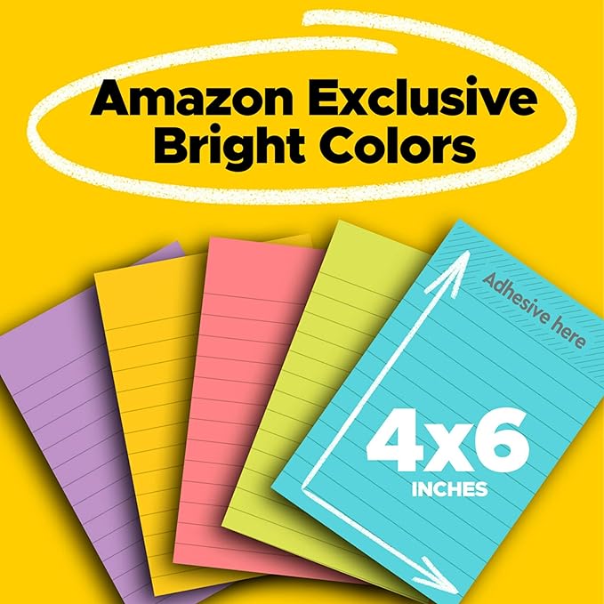 Post-it Super Sticky Lined Notes, 5 Sticky Note Pads, 4x6 in, 2X The Sticking Power, School Supplies, Office Products, Sticky Notes for Vertical Surfaces, Monitors, Walls and Windows, Bright Colors