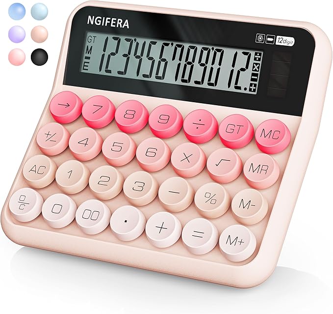 Mechanical Switch Calculator,12 Digits, Large LCD Display,Big Buttons,Solar and Battery Dual Power Mechanical Keyboard Desktop Pink Calculators,Cute and Aesthetic