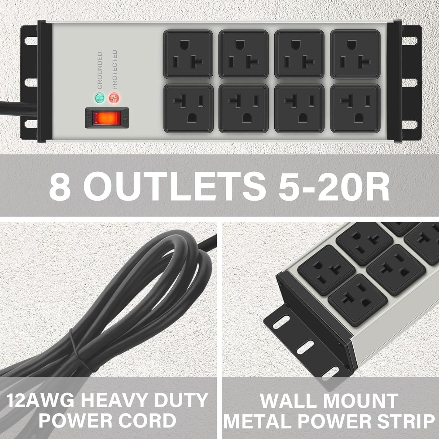CCCEI Heavy Duty Power Strip Surge Protector 20 AMP, 8 Outlets 12 Gauge Industrial Shop Garage Metal Multiple Outlets, 10 FT Extension Cord 5-15P Adapter High Amp 6-20R T-Slot 20a for Appliance