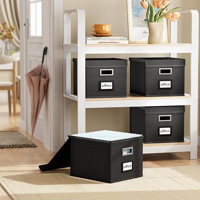 Upgraded File Organizer Boxes with Lids, Huolewa Collapsible Linen Hanging Filing & Storage Boxes with Plastic Slide for Office/Decor/Home, Filling System for File/Folders/Document Storage -2 Pack