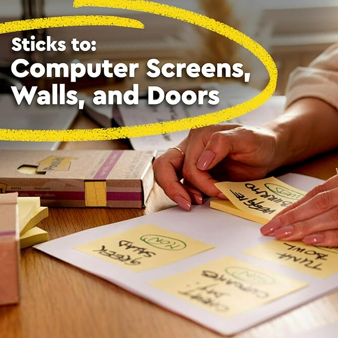 Post-it 100% Recycled Paper Super Sticky Notes, Canary Yellow, 3 in. x 3 in., 12 Sticky Note Pads, 70 Sheets per Pad, School Supplies and Office Products