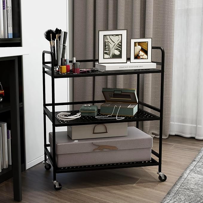 GYCZYCX 3-Tier Mesh Metal Rolling Cart,Multipurpose Heavy Duty Cart,Multipurpose Storage Rack,Utility Cart,High Capacity Cart with Locking Wheels (Black)