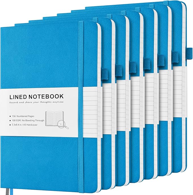7 Pack Lined Journal Notebook, Hardcover PU Leather Notebook for Men Women, 100 GSM Thick Numbered Pages with Index Content, Inner Pockets, Bookmarks, A5 Ruled Writing Journal Bulk (Deep Blue)